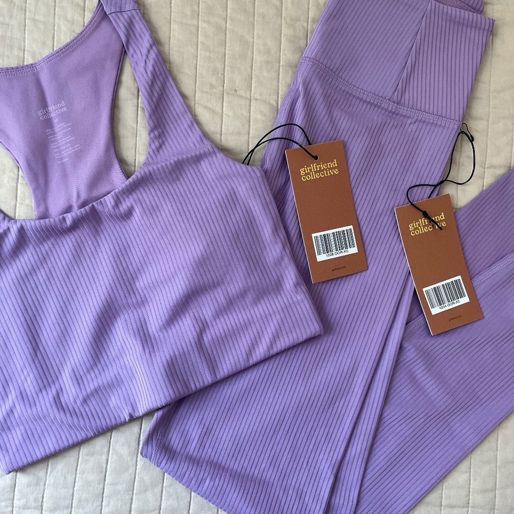 Girlfriend Collective Lavender Purple Ribbed Leggings and Sports Bra Set
